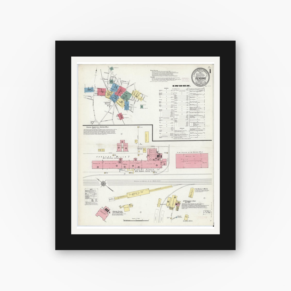 Old map wall art mockup — black gallery frame with white mat — Sanborn Fire Insurance Map from Reading, Middlesex County, Massachusetts (1909) - Complete Map Set