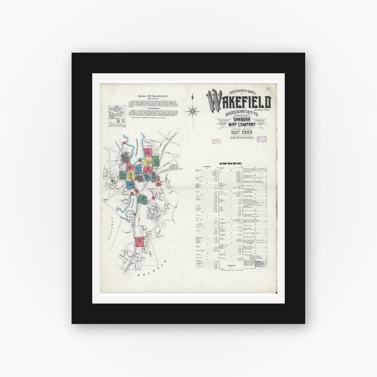 Old map wall art mockup — black gallery frame with white mat — Sanborn Fire Insurance Map from Wakefield, Middlesex County, Massachusetts (1909) - Complete Map Set