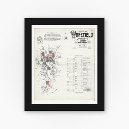 Old map wall art mockup — black gallery frame with white mat — Sanborn Fire Insurance Map from Wakefield, Middlesex County, Massachusetts (1909) - Complete Map Set