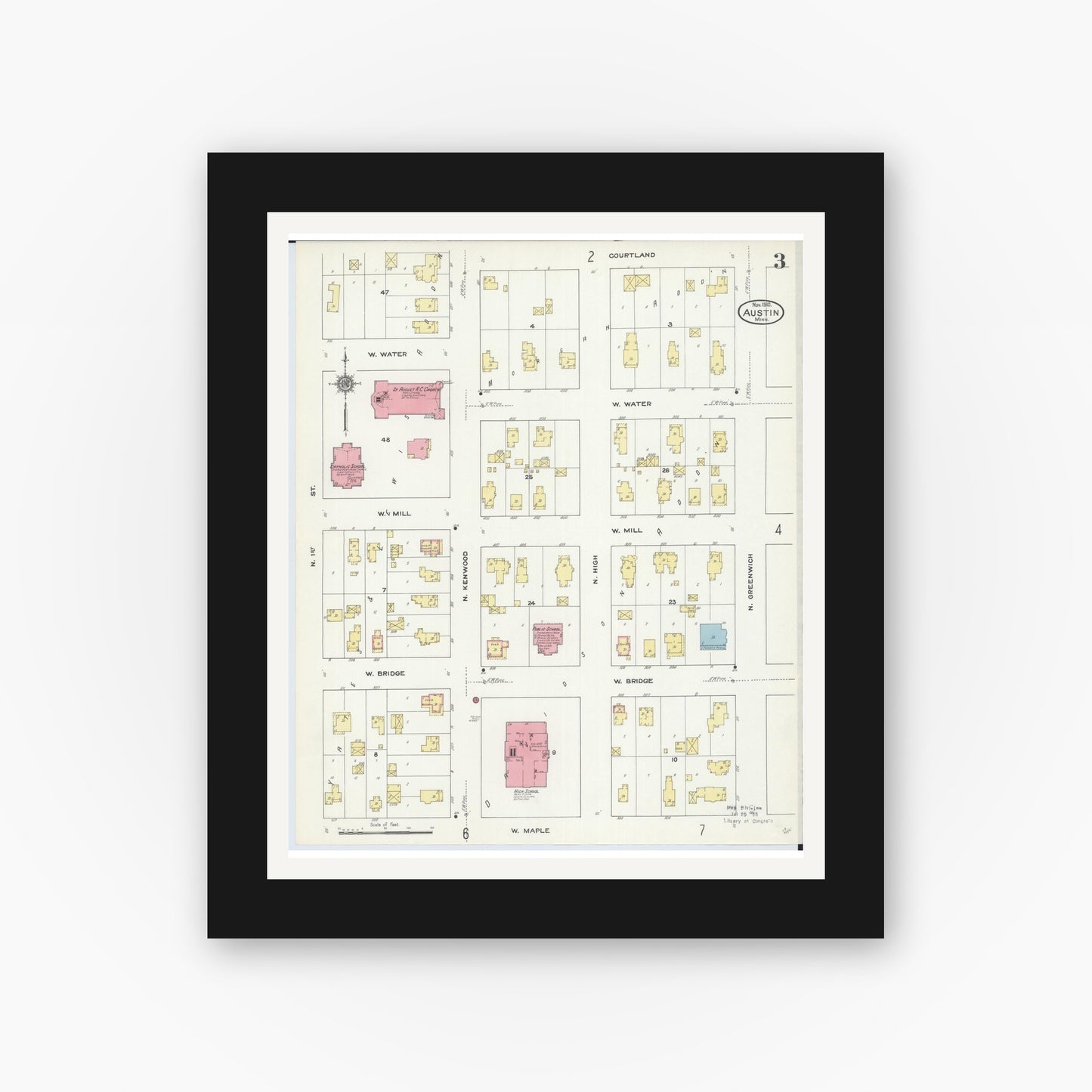 Old map wall art mockup — black gallery frame with white mat — Sanborn Fire Insurance Map from Austin, Mower County, Minnesota (1910), Sheet #0003