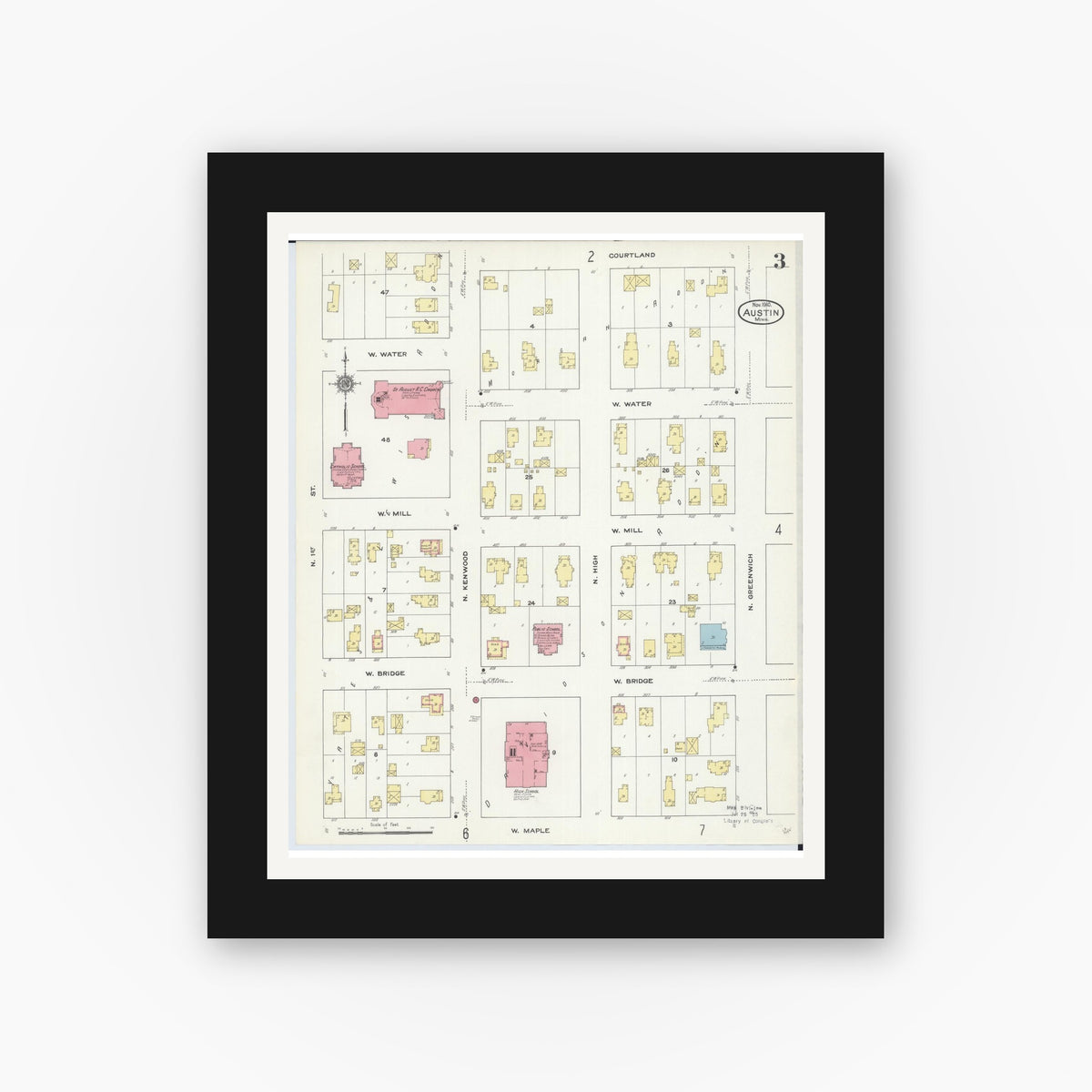 Old map wall art mockup — black gallery frame with white mat — Sanborn Fire Insurance Map from Austin, Mower County, Minnesota (1910), Sheet #0003
