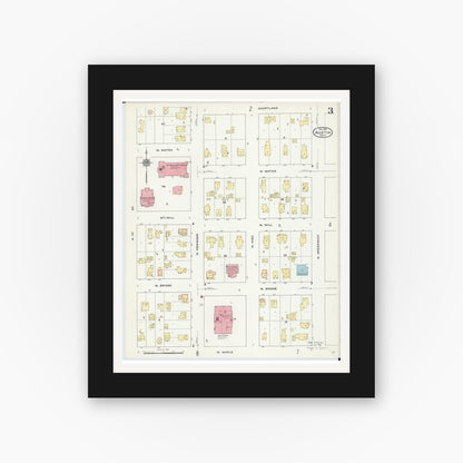 Old map wall art mockup — black gallery frame with white mat — Sanborn Fire Insurance Map from Austin, Mower County, Minnesota (1910), Sheet #0003