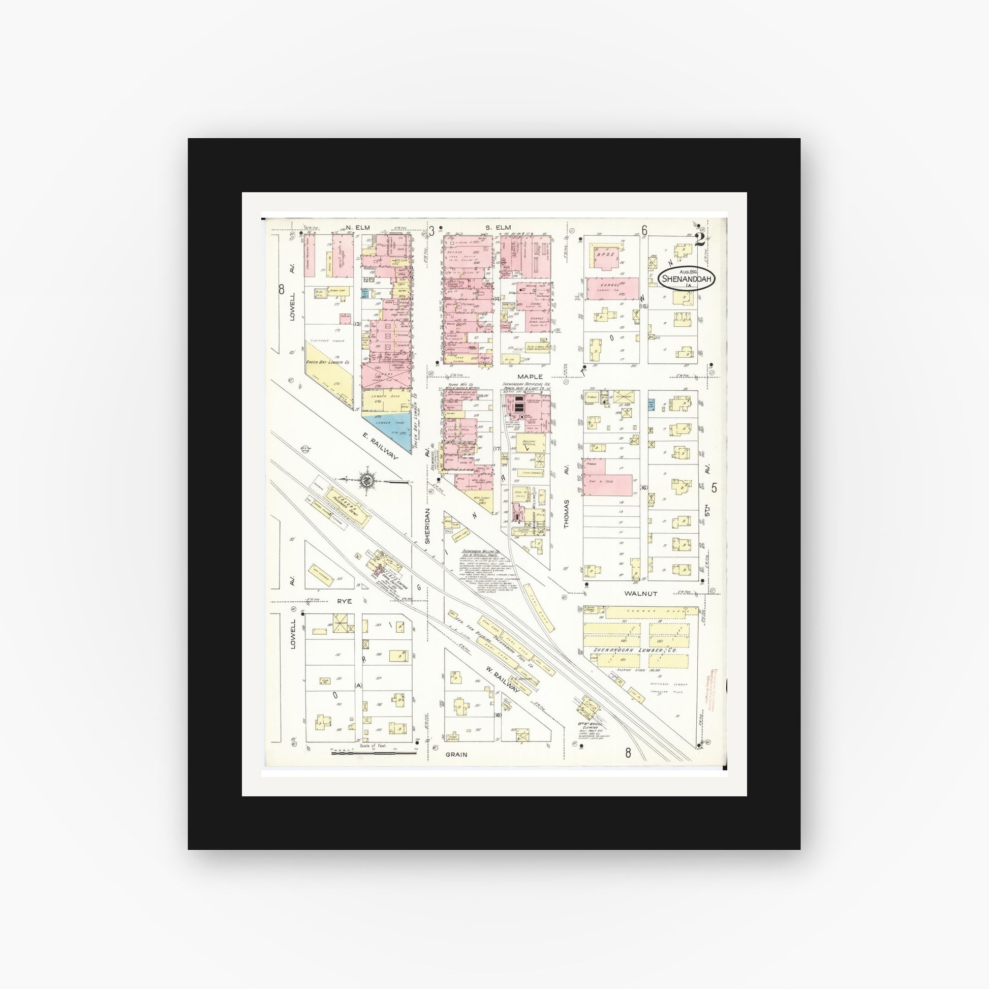 Old map wall art mockup — black gallery frame with white mat — Sanborn Fire Insurance Map from Shenandoah, Page County, Iowa (1914), Sheet #0002