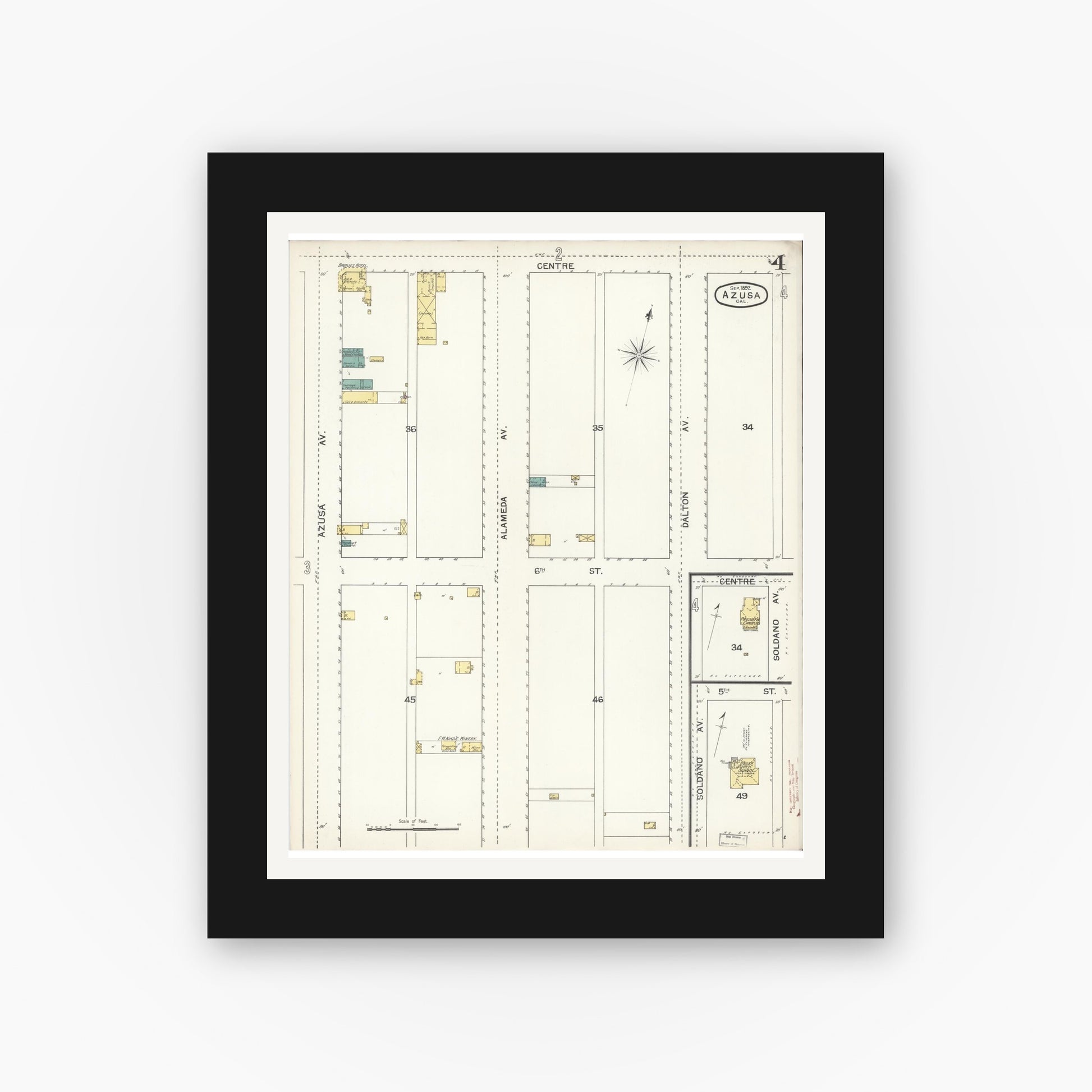 Old map wall art mockup — black gallery frame with white mat — Sanborn Fire Insurance Map from Azusa, Los Angeles County, California (1892), Sheet #0004