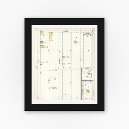 Old map wall art mockup — black gallery frame with white mat — Sanborn Fire Insurance Map from Azusa, Los Angeles County, California (1892), Sheet #0004