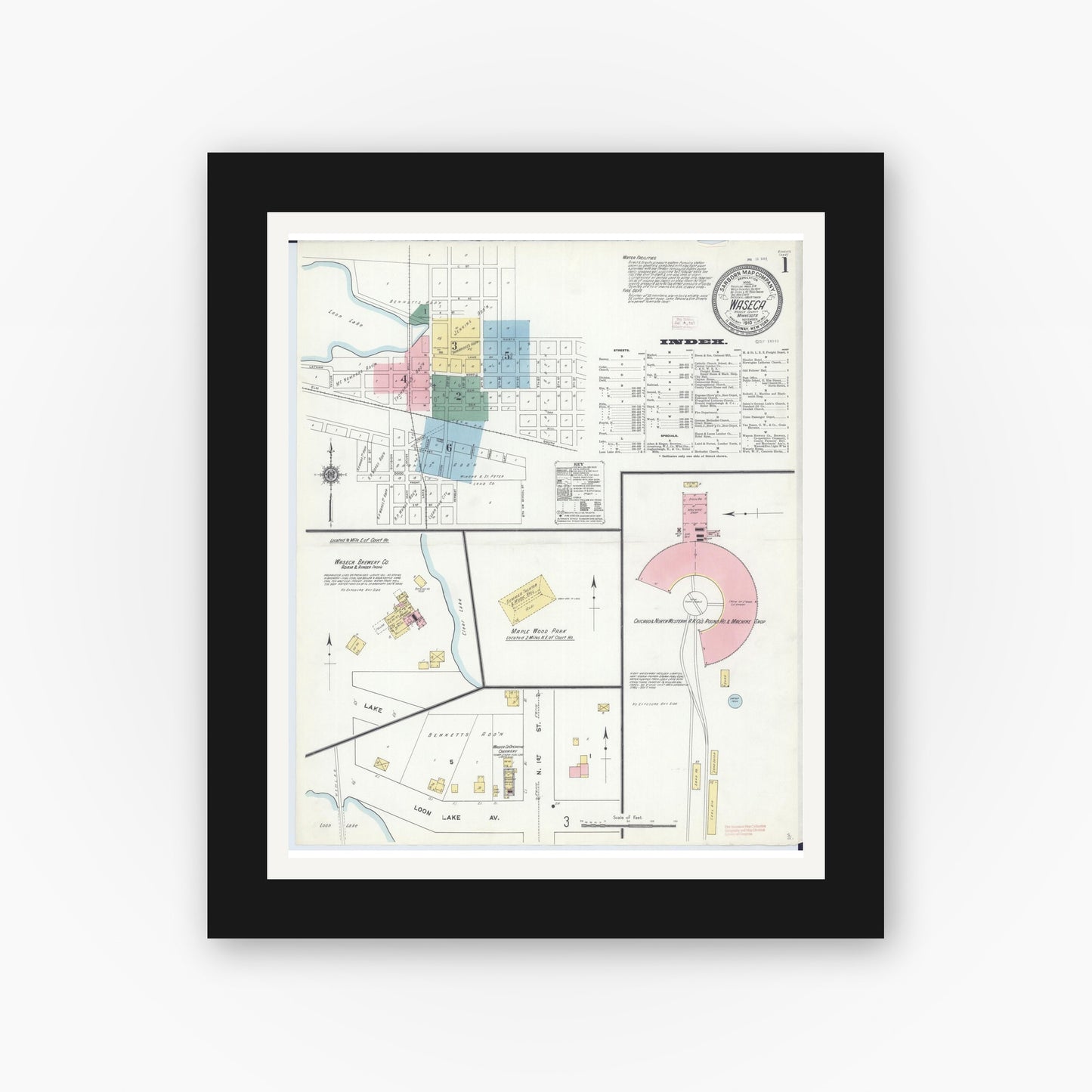 Old map wall art mockup — black gallery frame with white mat — Sanborn Fire Insurance Map from Waseca, Waseca County, Minnesota (1910), Sheet #0001