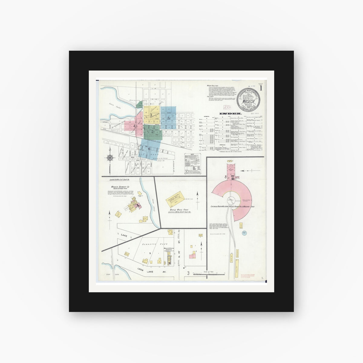Old map wall art mockup — black gallery frame with white mat — Sanborn Fire Insurance Map from Waseca, Waseca County, Minnesota (1910), Sheet #0001