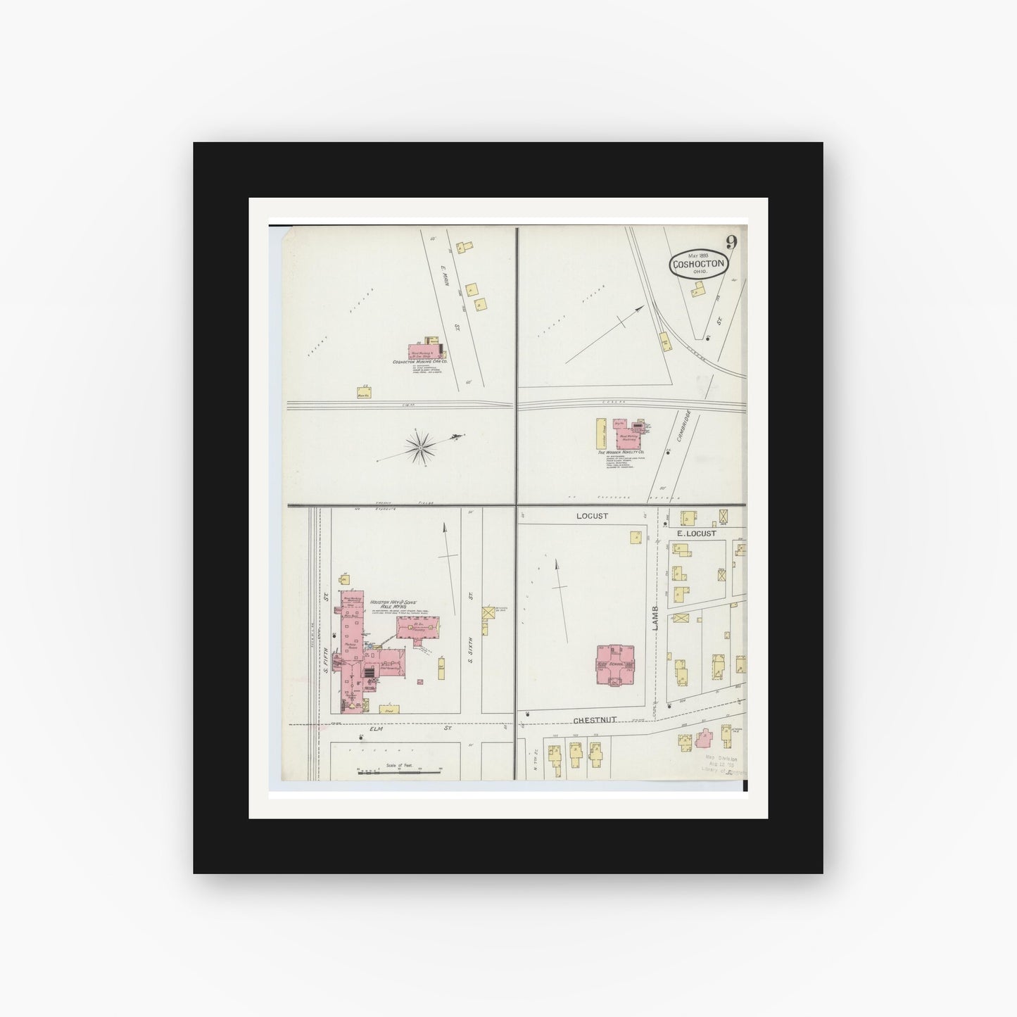 Old map wall art mockup — black gallery frame with white mat — Sanborn Fire Insurance Map from Coshocton, Coshocton County, Ohio (1893), Sheet #0009
