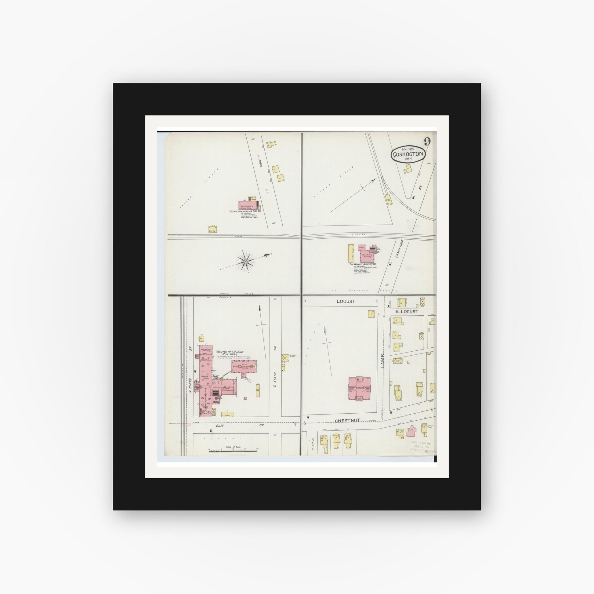 Old map wall art mockup — black gallery frame with white mat — Sanborn Fire Insurance Map from Coshocton, Coshocton County, Ohio (1893), Sheet #0009