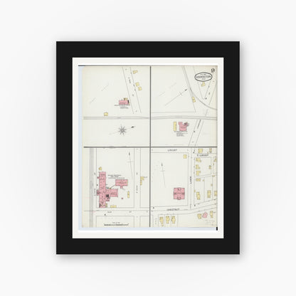 Old map wall art mockup — black gallery frame with white mat — Sanborn Fire Insurance Map from Coshocton, Coshocton County, Ohio (1893), Sheet #0009