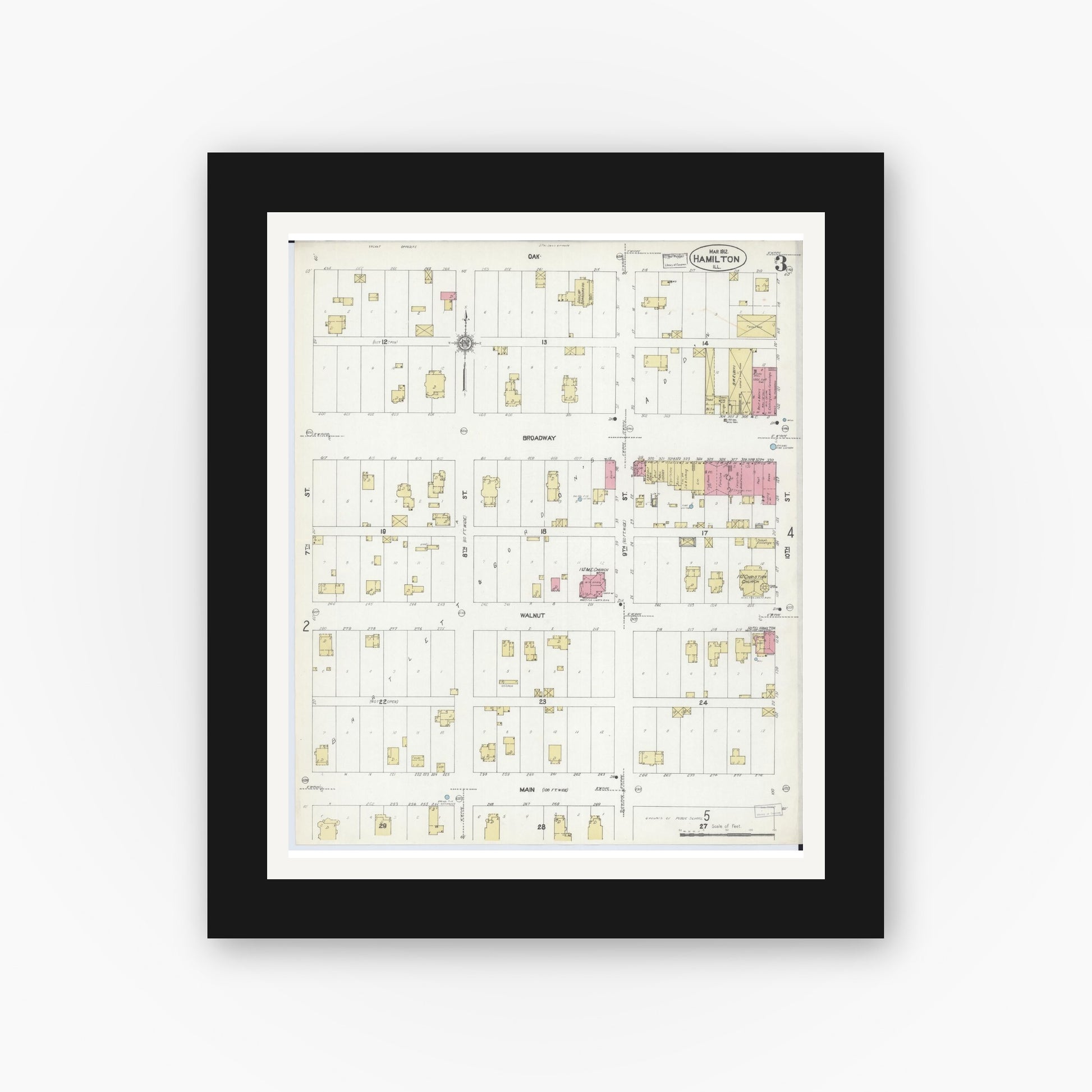 Old map wall art mockup — black gallery frame with white mat — Sanborn Fire Insurance Map from Hamilton, Hancock County, Illinois (1912), Sheet #0003
