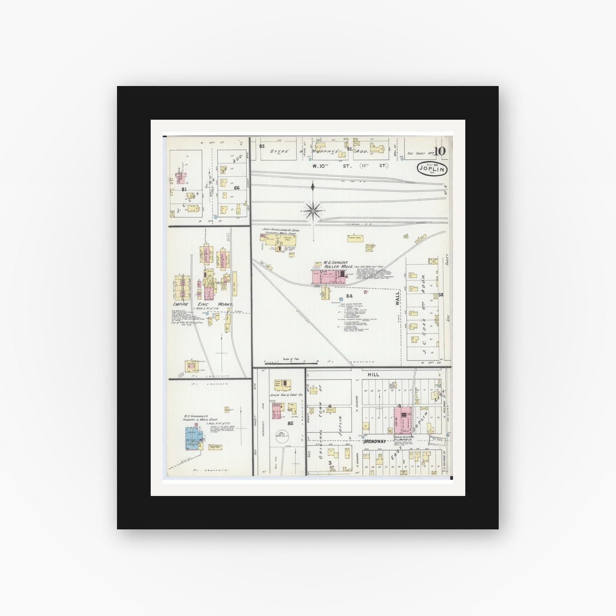 Old map wall art mockup — black gallery frame with white mat — Sanborn Fire Insurance Map from Joplin, Jasper County, Missouri (1891), Sheet #0010