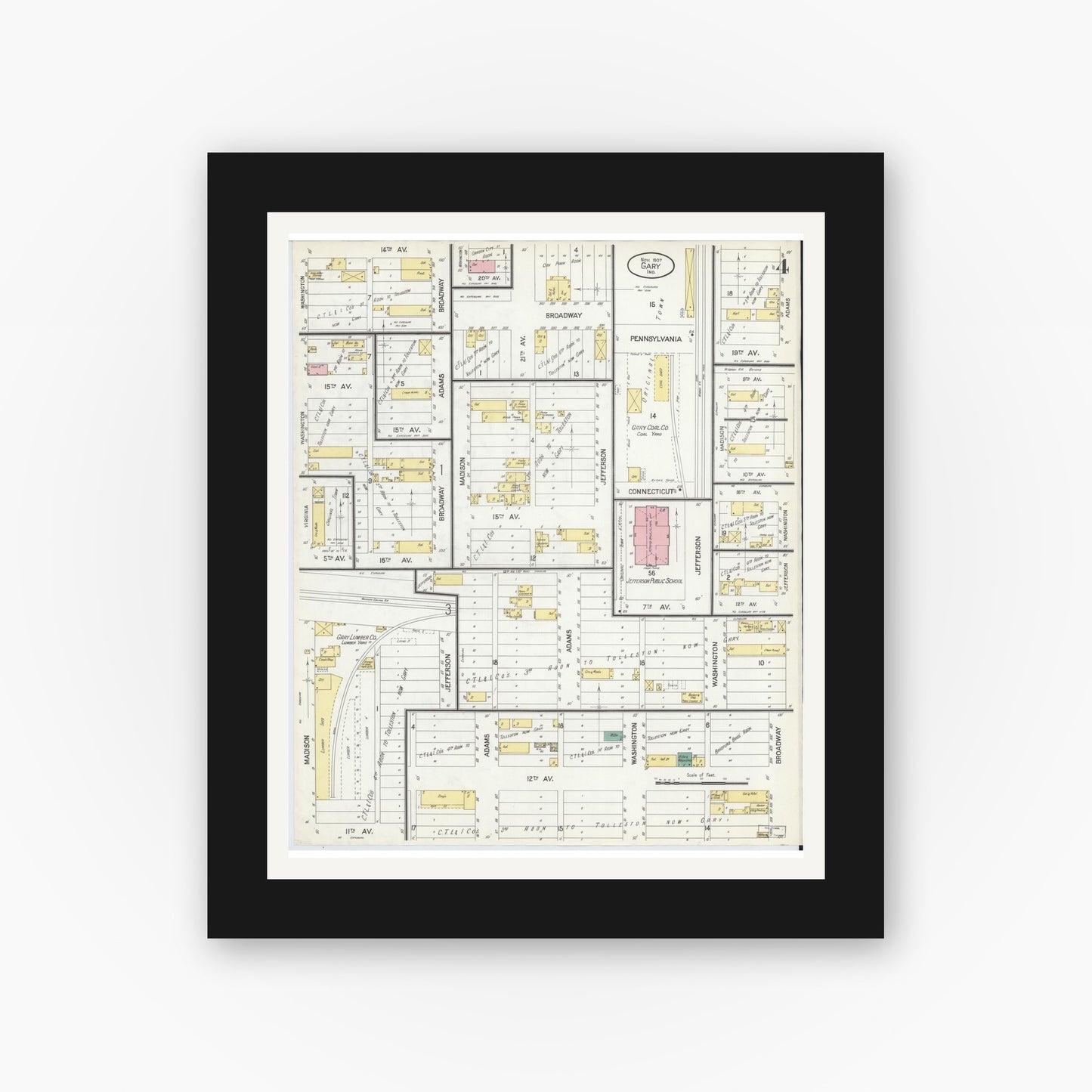 Old map wall art mockup — black gallery frame with white mat — Sanborn Fire Insurance Map from Gary, Lake County, Indiana (1907), Sheet #0004