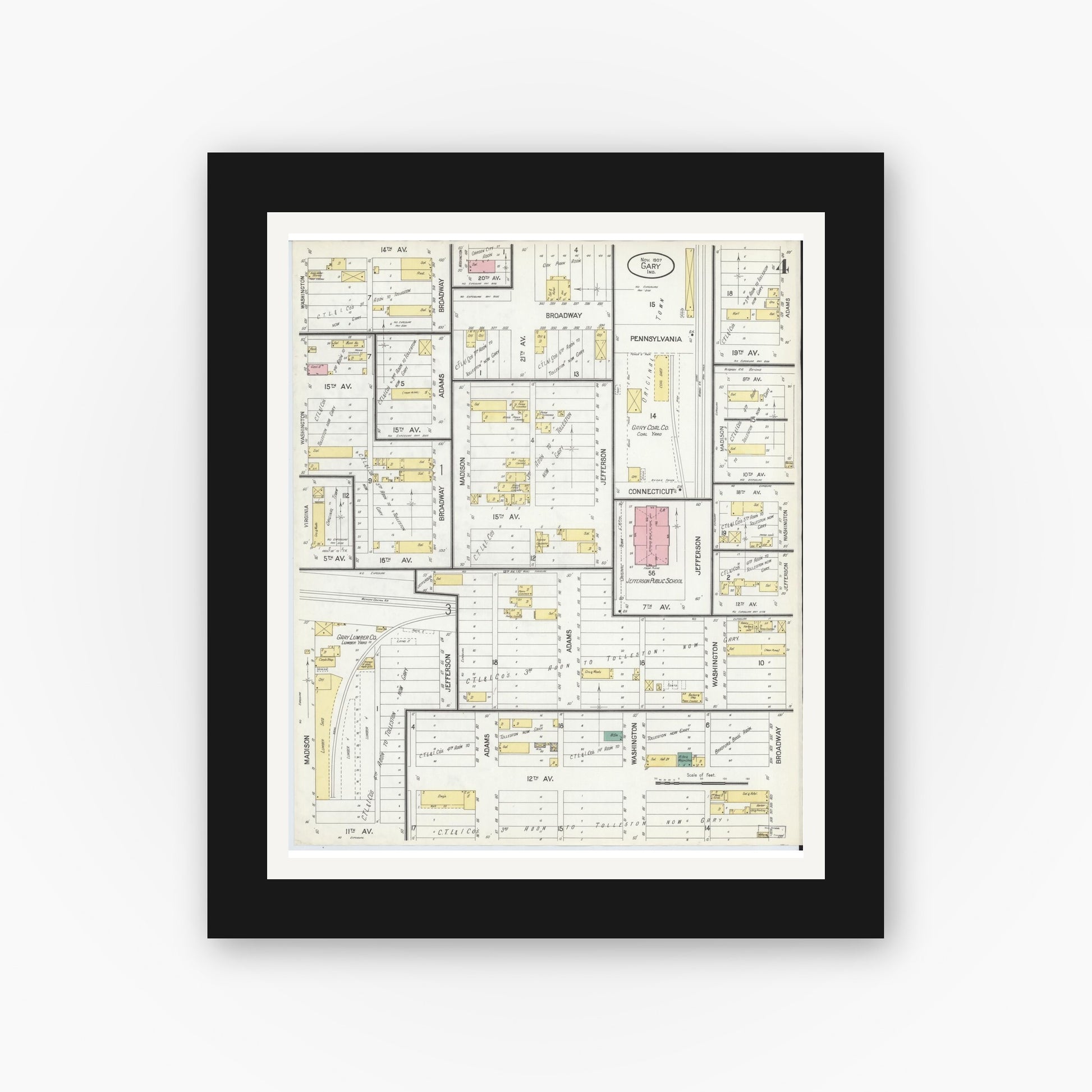 Old map wall art mockup — black gallery frame with white mat — Sanborn Fire Insurance Map from Gary, Lake County, Indiana (1907), Sheet #0004