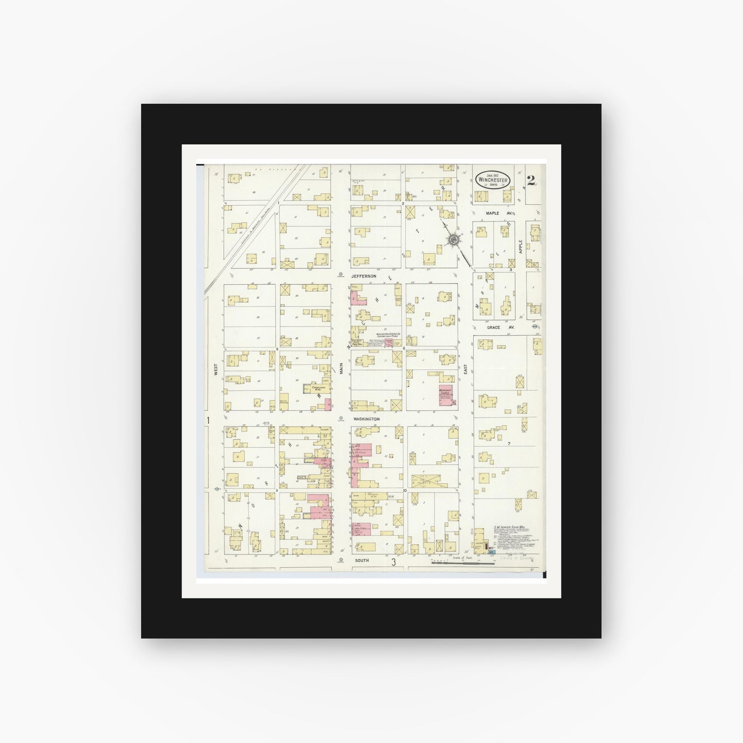 Old map wall art mockup — black gallery frame with white mat — Sanborn Fire Insurance Map from Winchester, Adams County, Ohio (1912), Sheet #0002