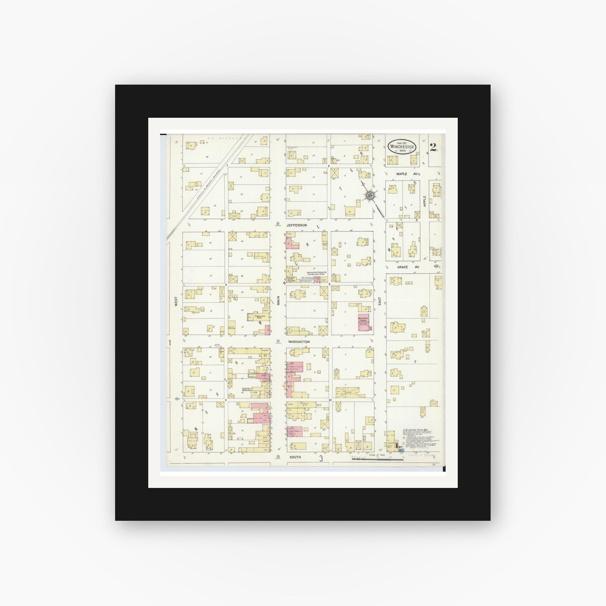 Old map wall art mockup — black gallery frame with white mat — Sanborn Fire Insurance Map from Winchester, Adams County, Ohio (1912), Sheet #0002