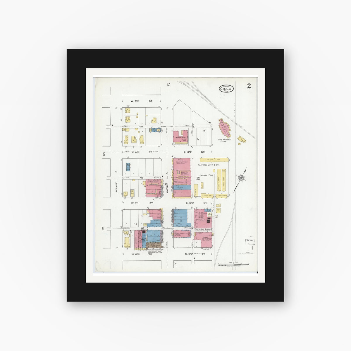 Old map wall art mockup — black gallery frame with white mat — Sanborn Fire Insurance Map from Cisco, Eastland County, Texas (1920), Sheet #0002