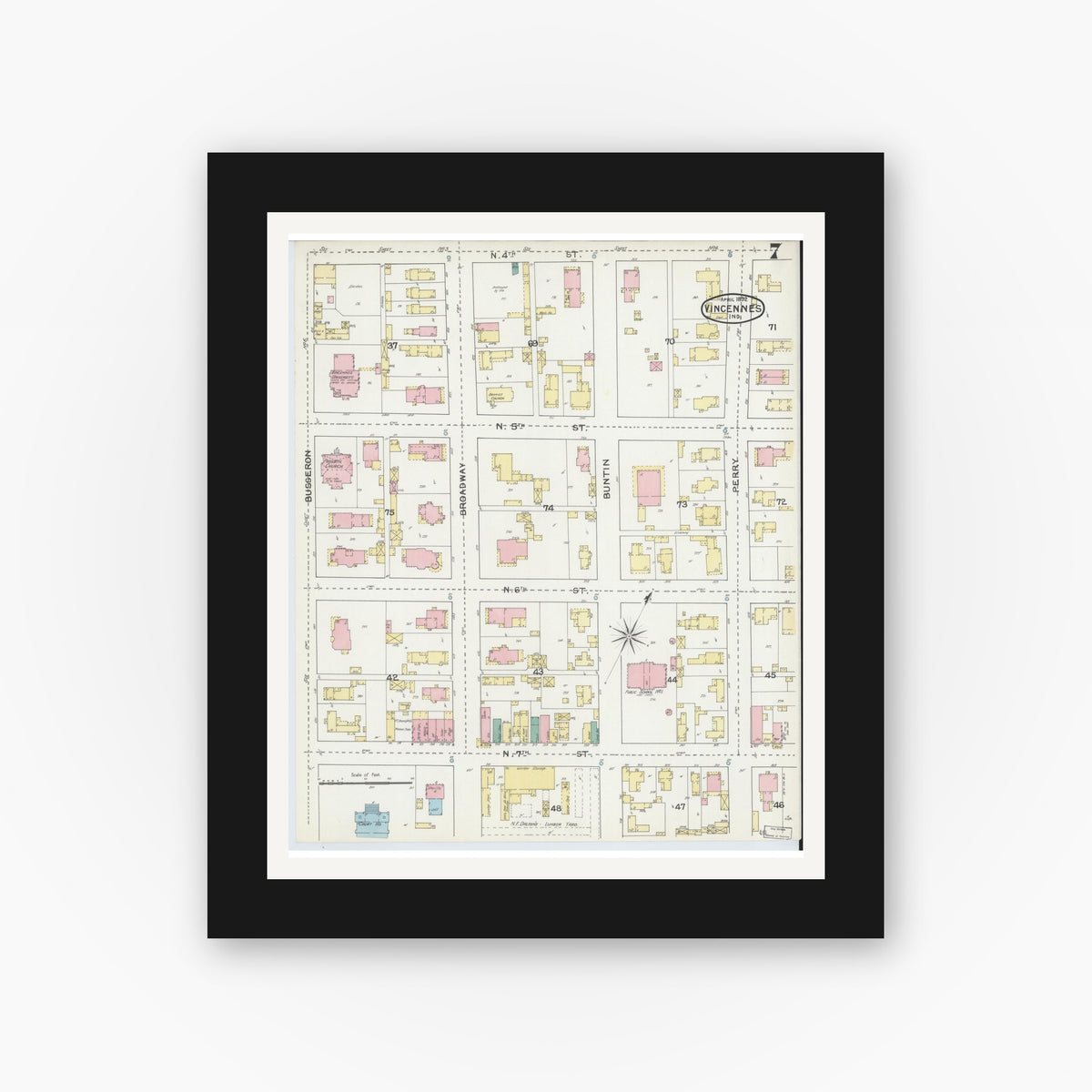 Old map wall art mockup — black gallery frame with white mat — Sanborn Fire Insurance Map from Vincennes, Knox County, Indiana (1892), Sheet #0007