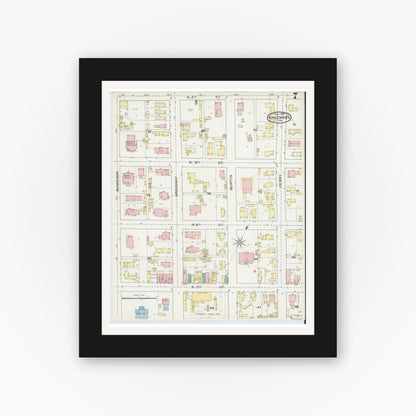 Old map wall art mockup — black gallery frame with white mat — Sanborn Fire Insurance Map from Vincennes, Knox County, Indiana (1892), Sheet #0007