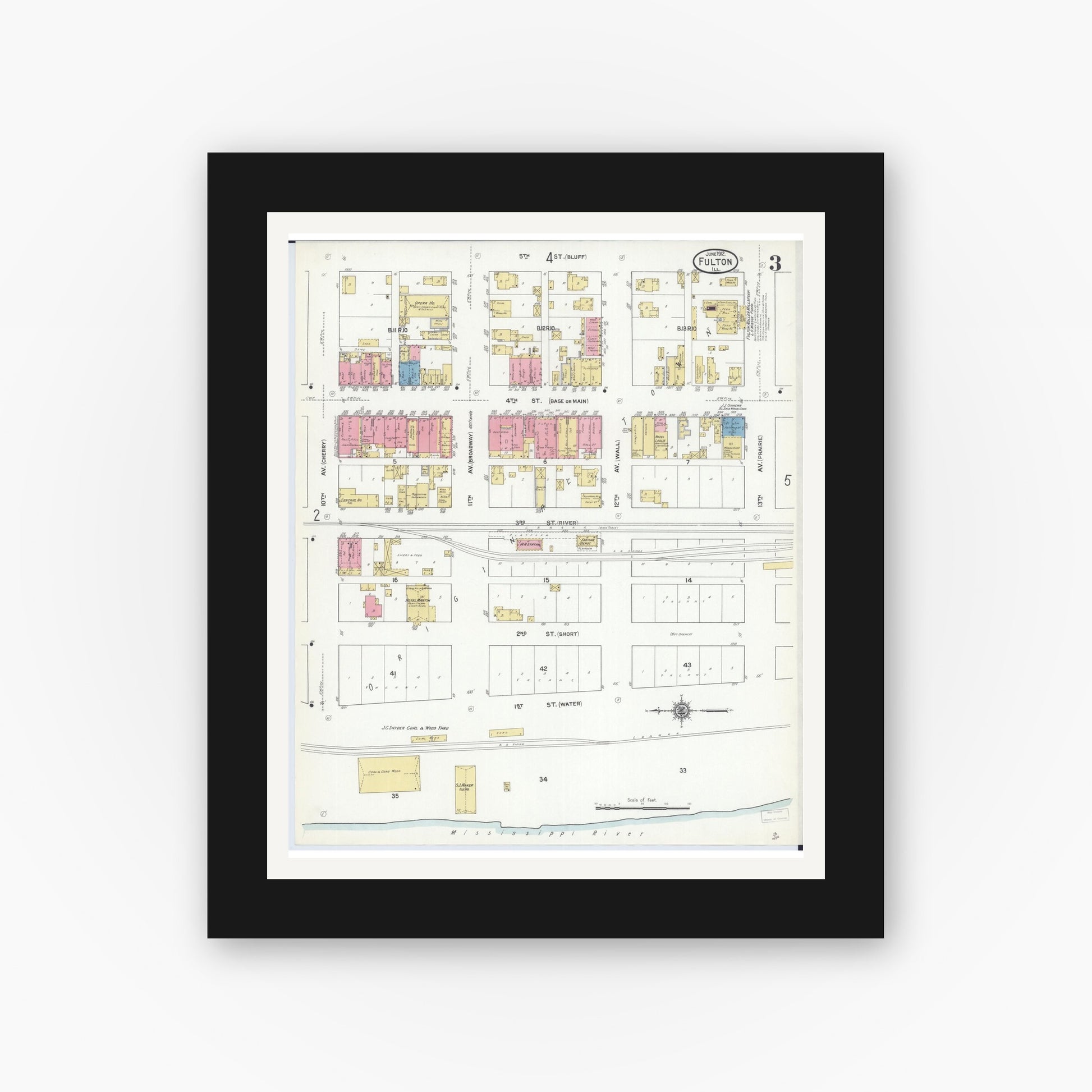 Old map wall art mockup — black gallery frame with white mat — Sanborn Fire Insurance Map from Fulton, Whiteside County, Illinois (1912), Sheet #0003
