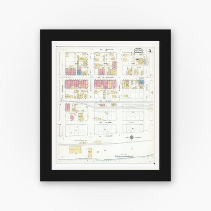 Old map wall art mockup — black gallery frame with white mat — Sanborn Fire Insurance Map from Fulton, Whiteside County, Illinois (1912), Sheet #0003