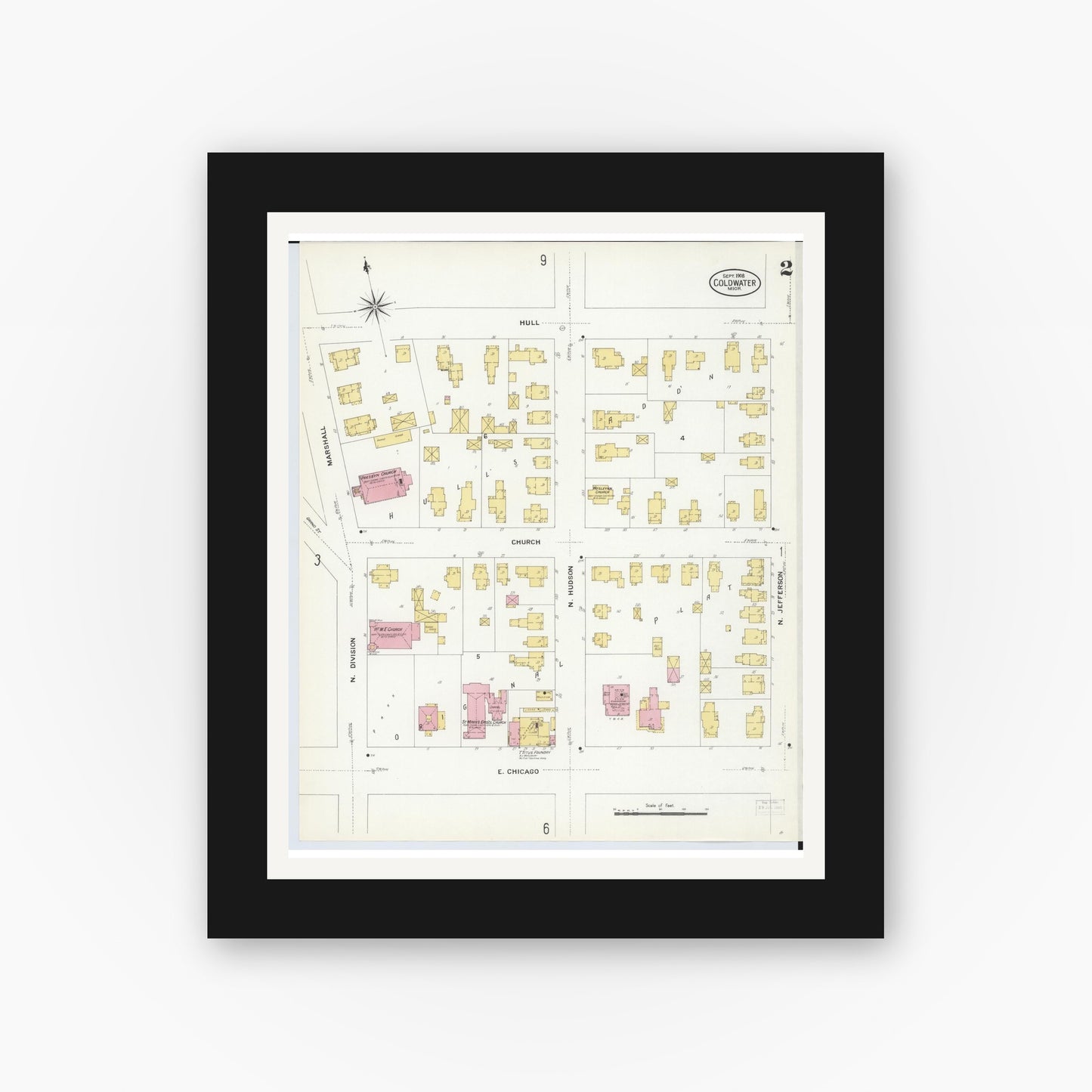 Old map wall art mockup — black gallery frame with white mat — Sanborn Fire Insurance Map from Coldwater, Branch County, Michigan (1908), Sheet #0002