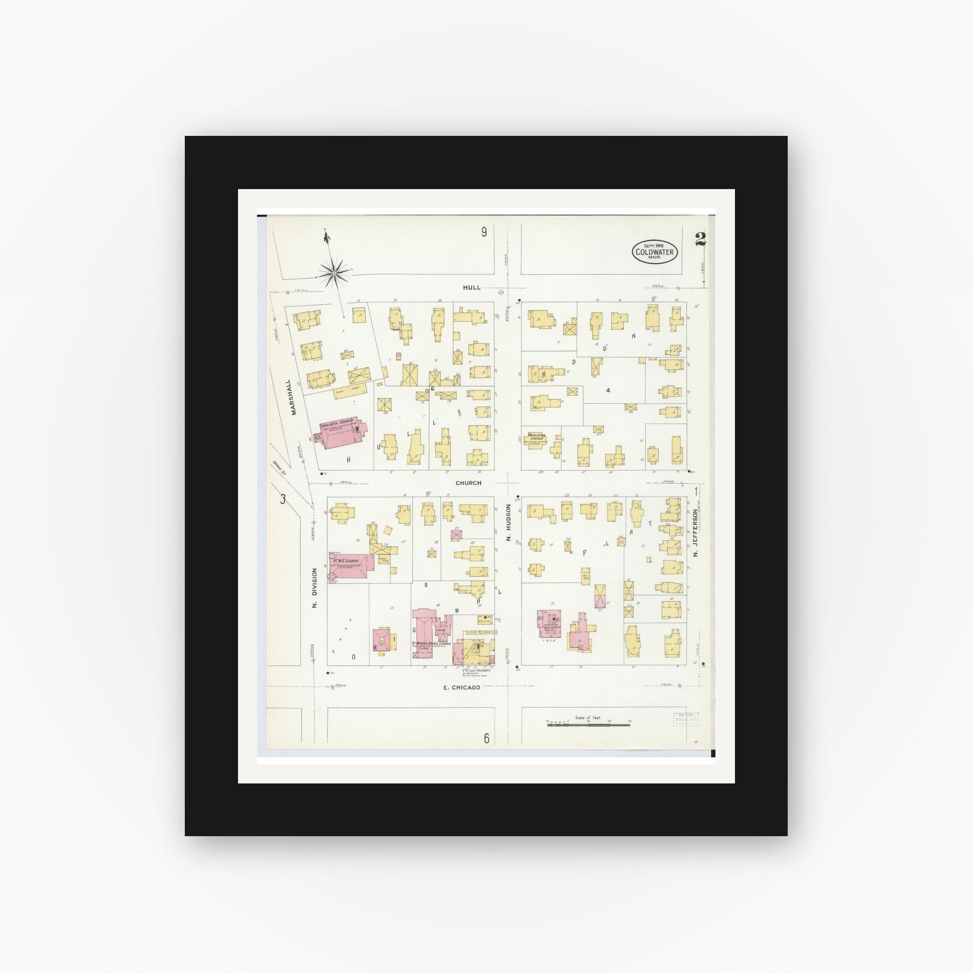 Old map wall art mockup — black gallery frame with white mat — Sanborn Fire Insurance Map from Coldwater, Branch County, Michigan (1908), Sheet #0002