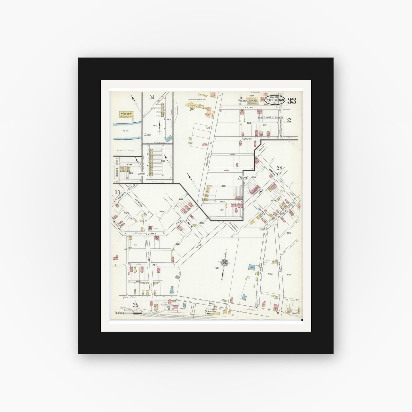 Old map wall art mockup — black gallery frame with white mat — Sanborn Fire Insurance Map from Pottstown, Montgomery County, Pennsylvania (1916), Sheet #0033