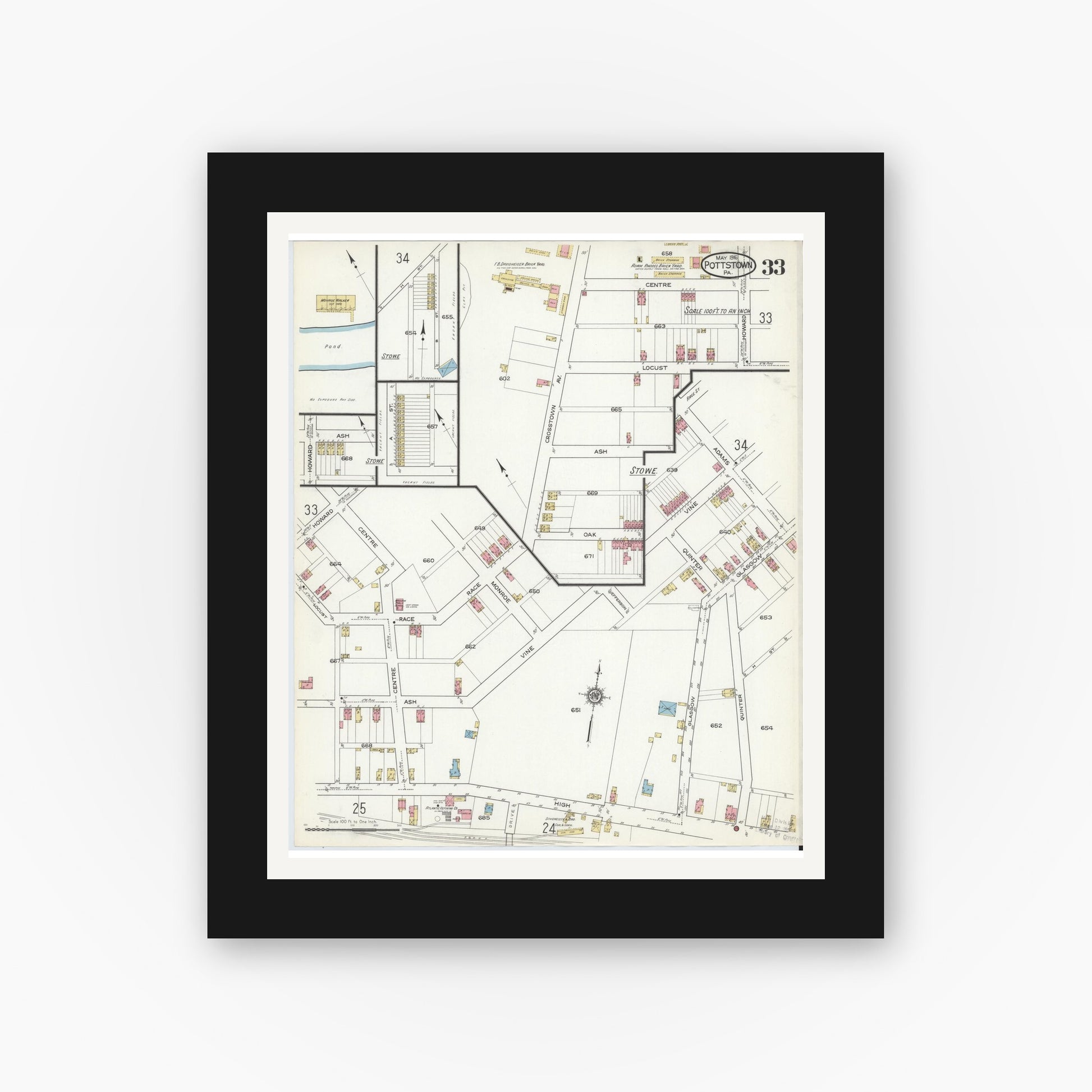 Old map wall art mockup — black gallery frame with white mat — Sanborn Fire Insurance Map from Pottstown, Montgomery County, Pennsylvania (1916), Sheet #0033