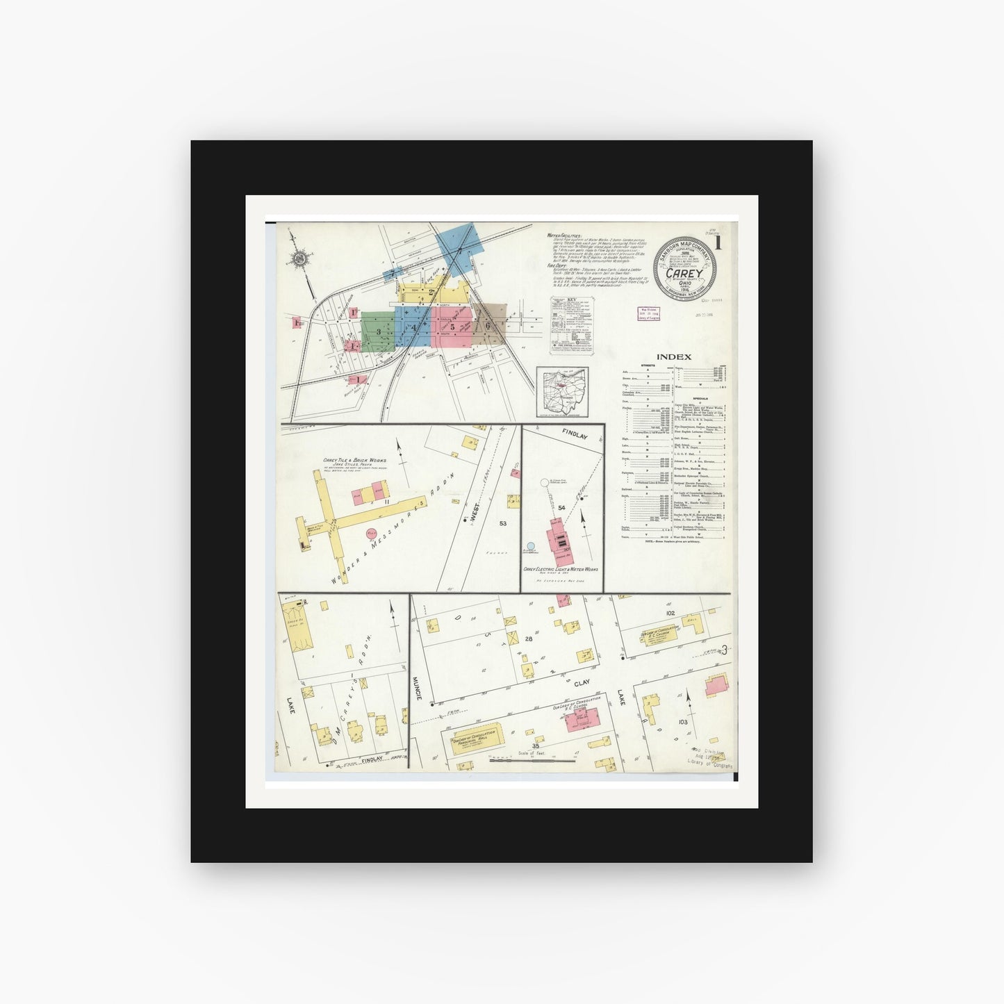 Old map wall art mockup — black gallery frame with white mat — Sanborn Fire Insurance Map from Carey, Wyandot County, Ohio (1916) - Complete Map Set