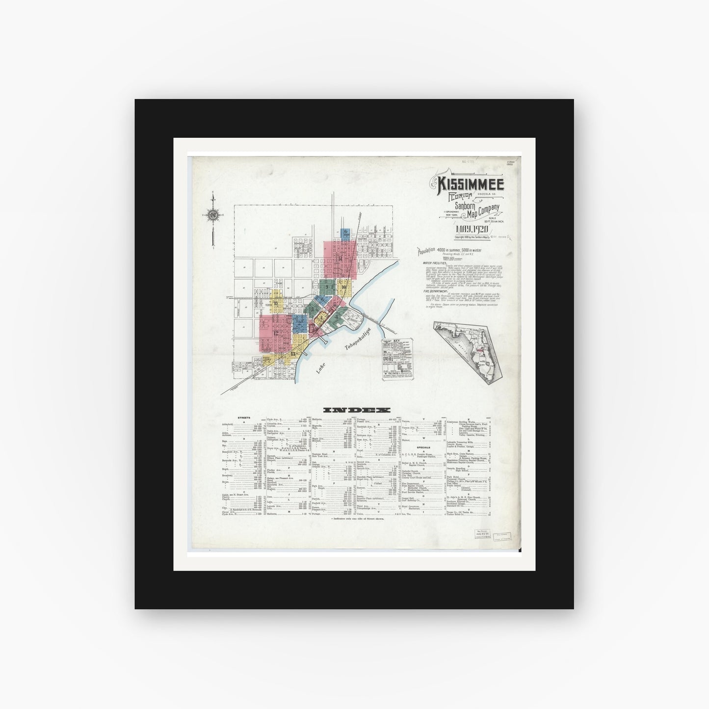 Old map wall art mockup — black gallery frame with white mat — Sanborn Fire Insurance Map from Kissimmee, Osceola County, Florida (1920) - Complete Map Set