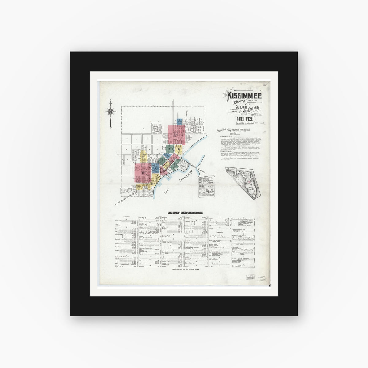 Old map wall art mockup — black gallery frame with white mat — Sanborn Fire Insurance Map from Kissimmee, Osceola County, Florida (1920) - Complete Map Set