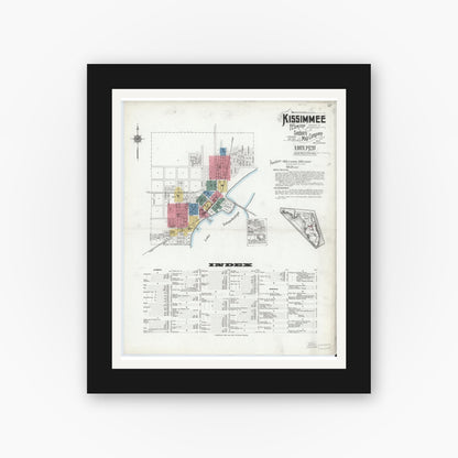 Old map wall art mockup — black gallery frame with white mat — Sanborn Fire Insurance Map from Kissimmee, Osceola County, Florida (1920) - Complete Map Set