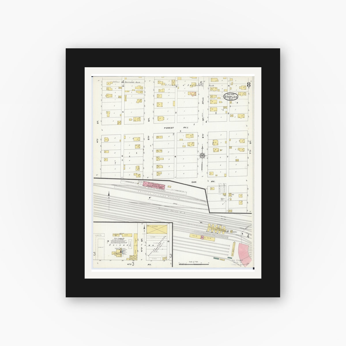 Old map wall art mockup — black gallery frame with white mat — Sanborn Fire Insurance Map from Staples, Todd County, Minnesota (1909), Sheet #0008
