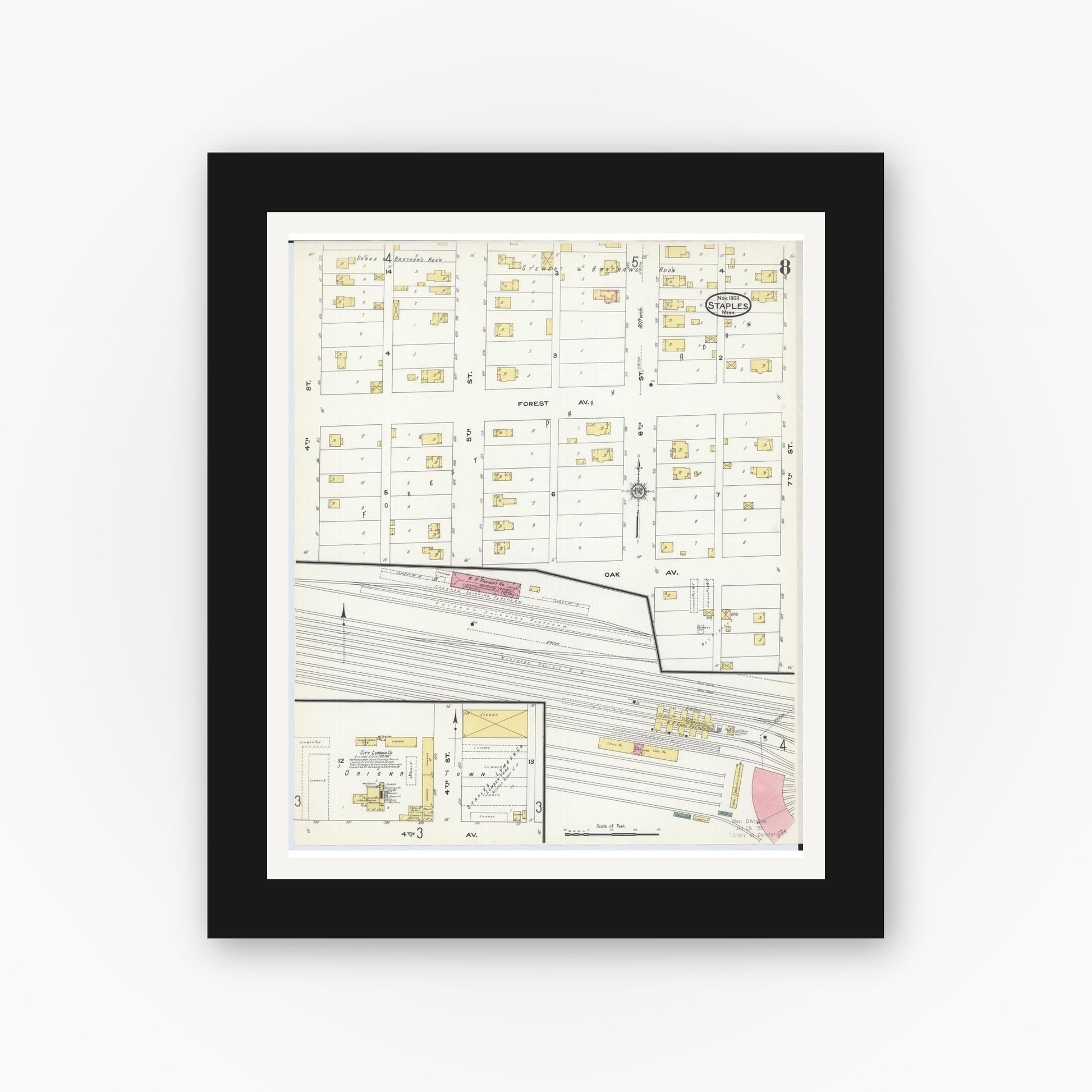 Old map wall art mockup — black gallery frame with white mat — Sanborn Fire Insurance Map from Staples, Todd County, Minnesota (1909), Sheet #0008