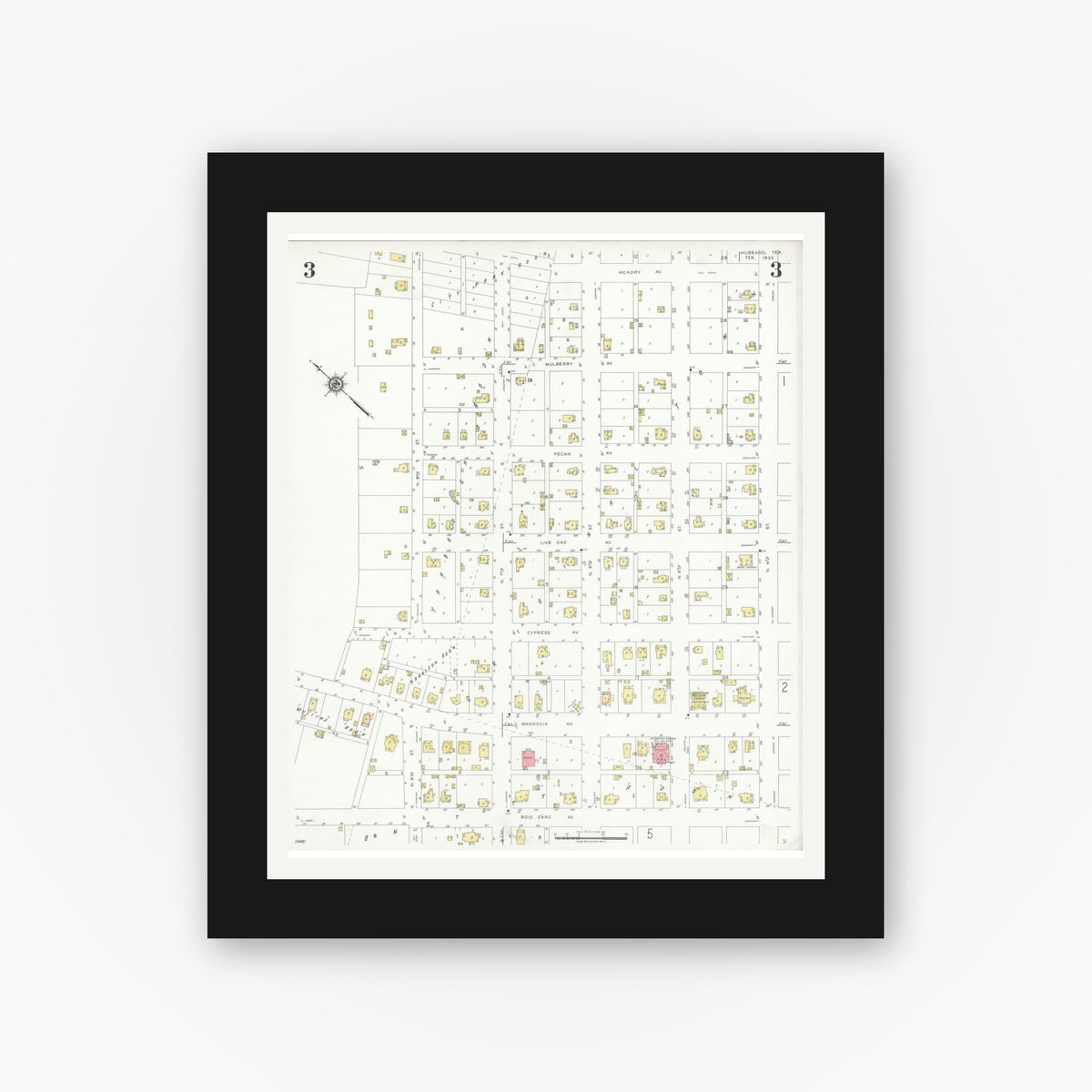Old map wall art mockup — black gallery frame with white mat — Sanborn Fire Insurance Map from Hubbard, Hill County, Texas (1935), Sheet #0003