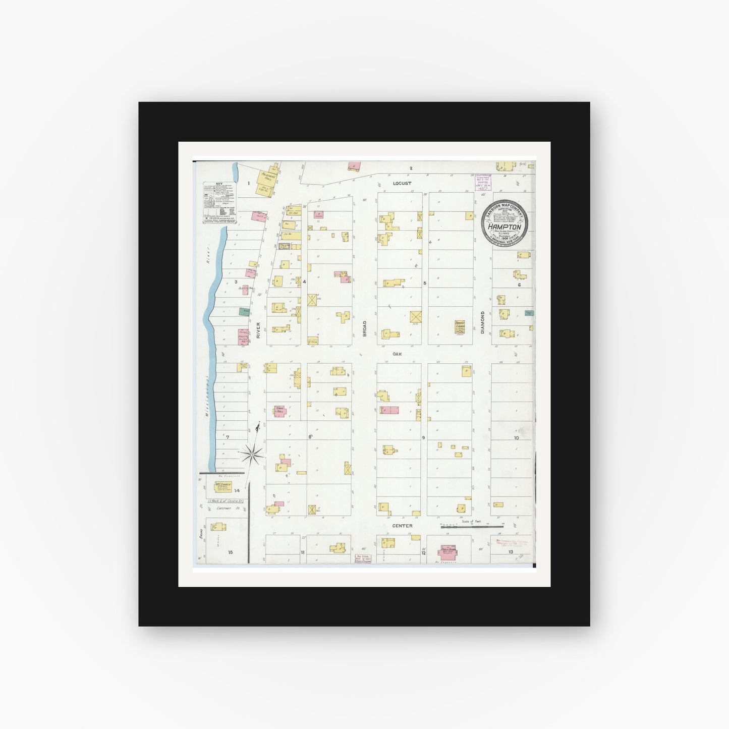 Old map wall art mockup — black gallery frame with white mat — Sanborn Fire Insurance Map from Hampton, Rock Island County, Illinois (1906), Sheet #0001