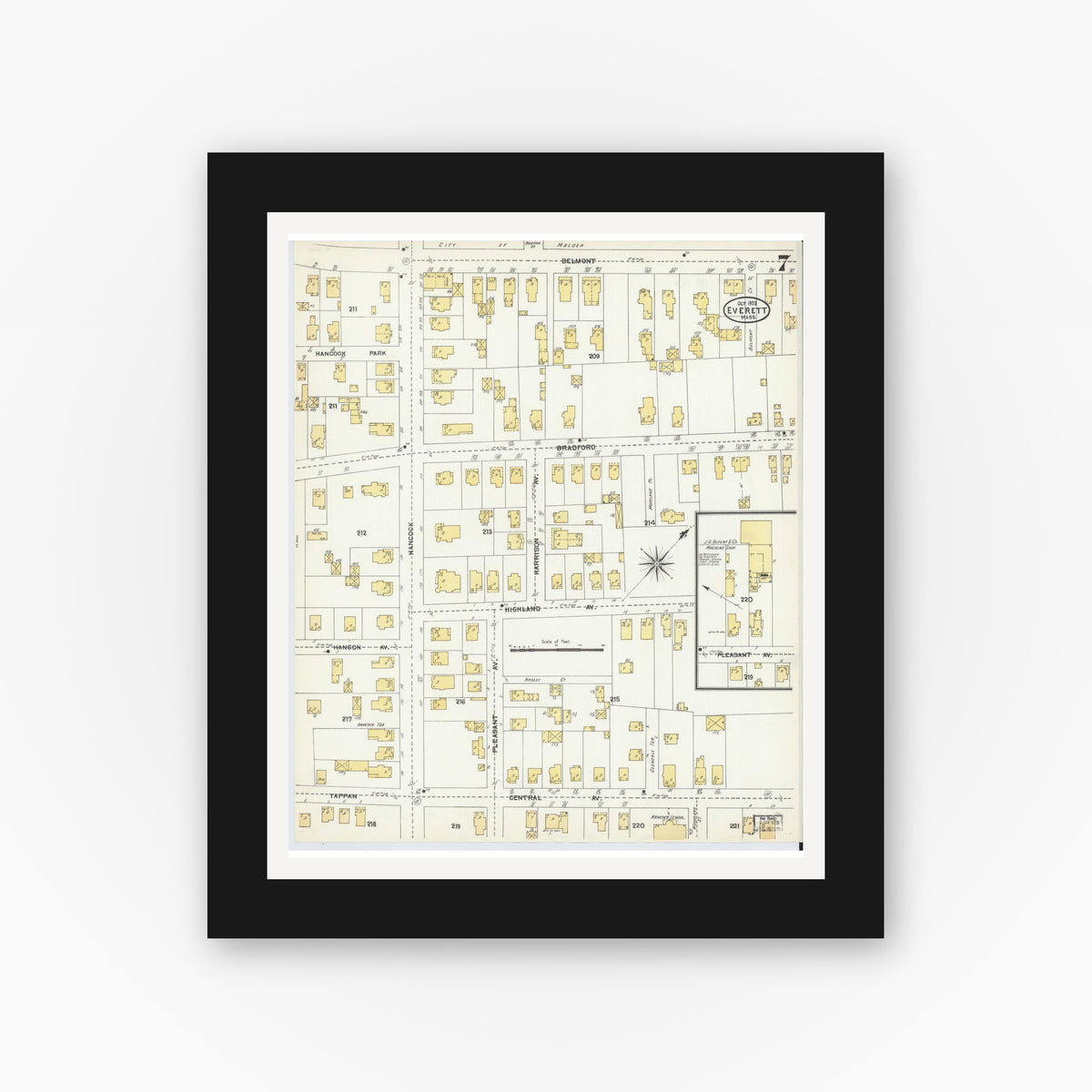 Old map wall art mockup — black gallery frame with white mat — Sanborn Fire Insurance Map from Everett, Middlesex County, Massachusetts (1903), Sheet #0007