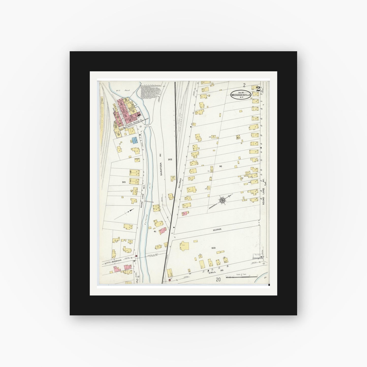 Old map wall art mockup — black gallery frame with white mat — Sanborn Fire Insurance Map from Mechanicville, Saratoga County, New York (1911), Sheet #0002