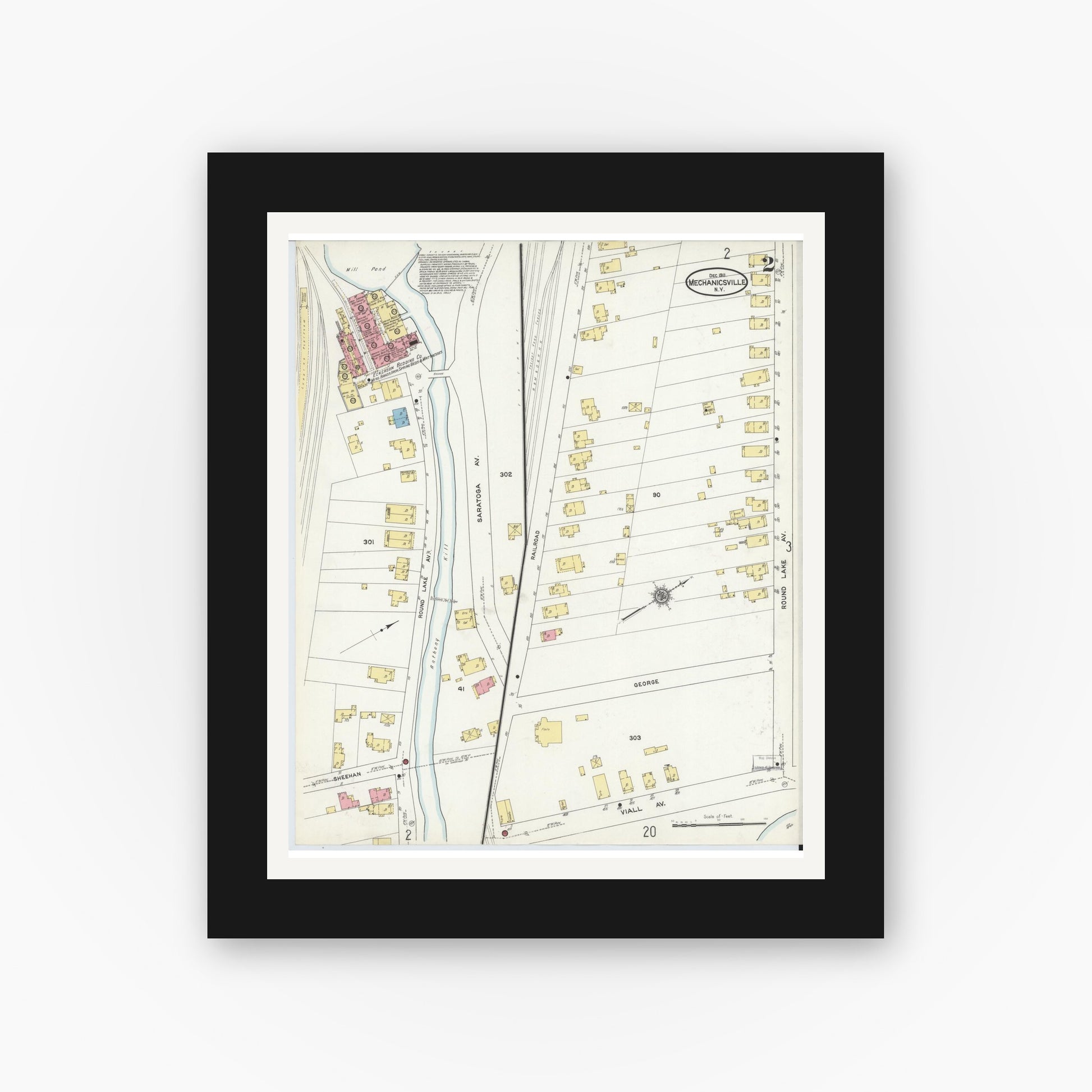 Old map wall art mockup — black gallery frame with white mat — Sanborn Fire Insurance Map from Mechanicville, Saratoga County, New York (1911), Sheet #0002