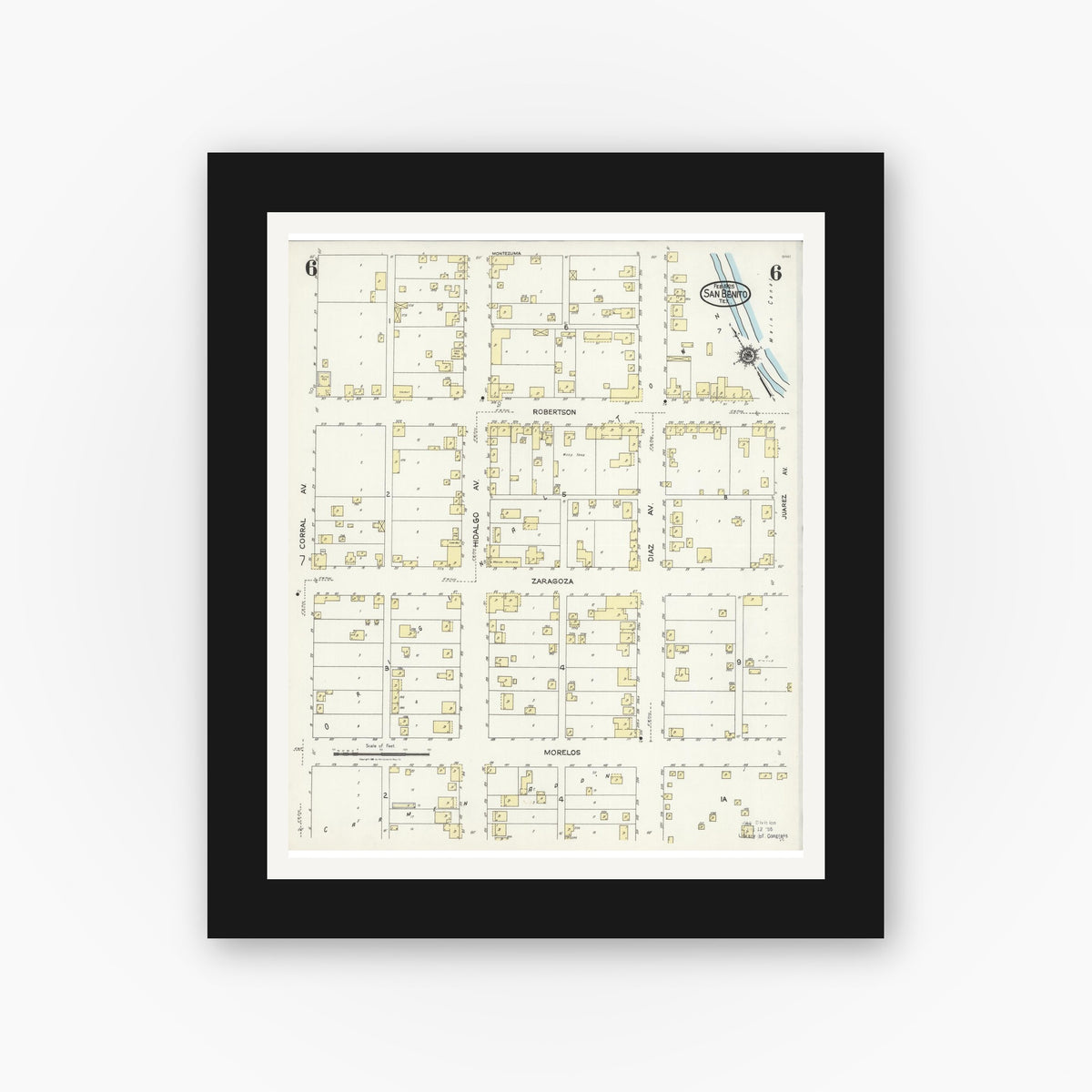 Old map wall art mockup — black gallery frame with white mat — Sanborn Fire Insurance Map from San Benito, Cameron County, Texas (1925), Sheet #0006