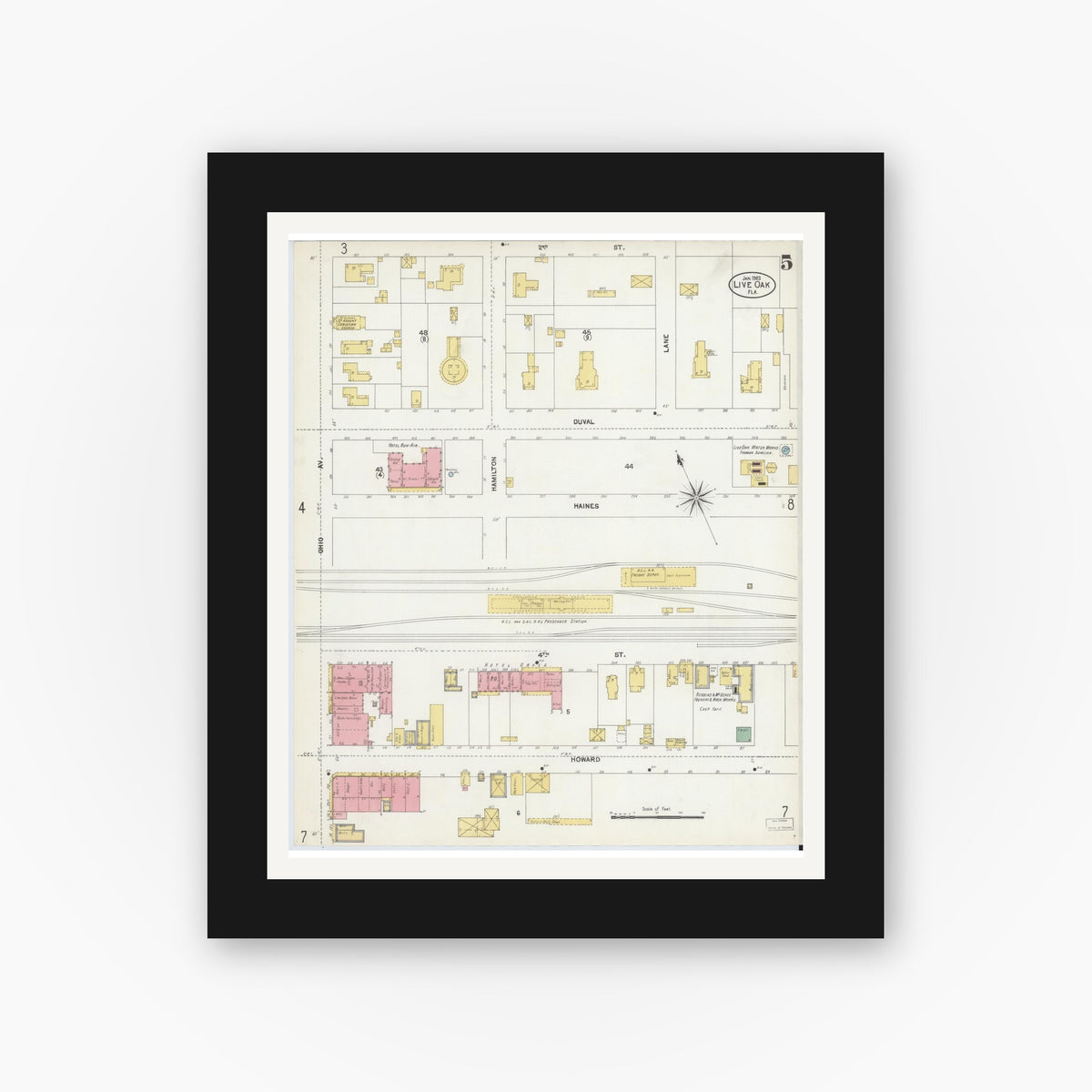 Old map wall art mockup — black gallery frame with white mat — Sanborn Fire Insurance Map from Live Oak, Suwanee County, Florida (1903), Sheet #0005
