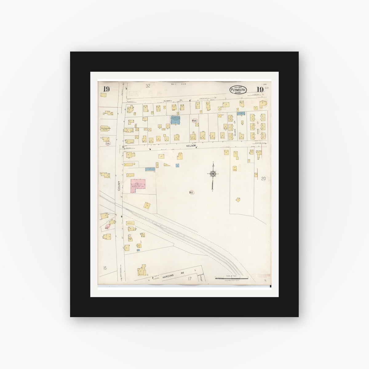 Old map wall art mockup — black gallery frame with white mat — Sanborn Fire Insurance Map from Plymouth, Plymouth County, Massachusetts (1948), Sheet #0019