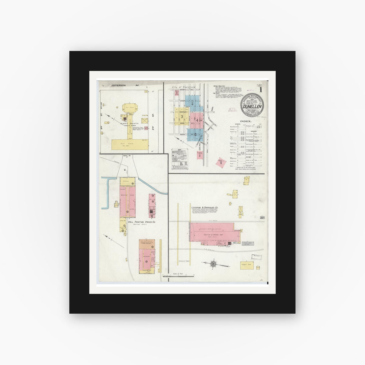 Old map wall art mockup — black gallery frame with white mat — Sanborn Fire Insurance Map from Dunellen, Middlesex County, New Jersey (1910) - Complete Map Set