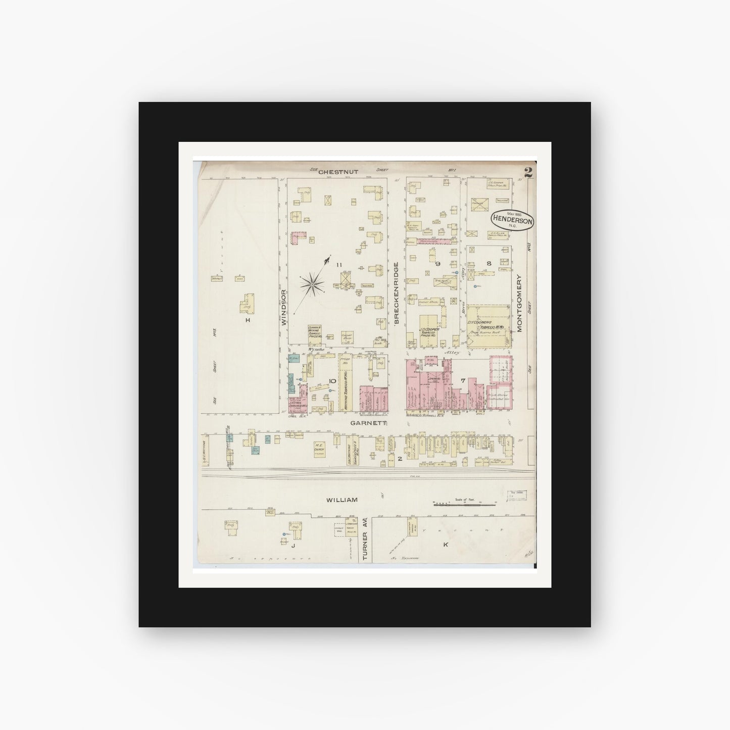 Old map wall art mockup — black gallery frame with white mat — Sanborn Fire Insurance Map from Henderson, Vance County, North Carolina (1885), Sheet #0002