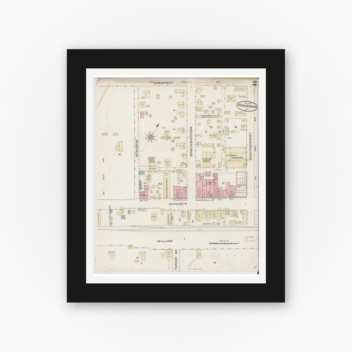 Old map wall art mockup — black gallery frame with white mat — Sanborn Fire Insurance Map from Henderson, Vance County, North Carolina (1885), Sheet #0002