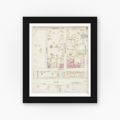 Old map wall art mockup — black gallery frame with white mat — Sanborn Fire Insurance Map from Henderson, Vance County, North Carolina (1885), Sheet #0002