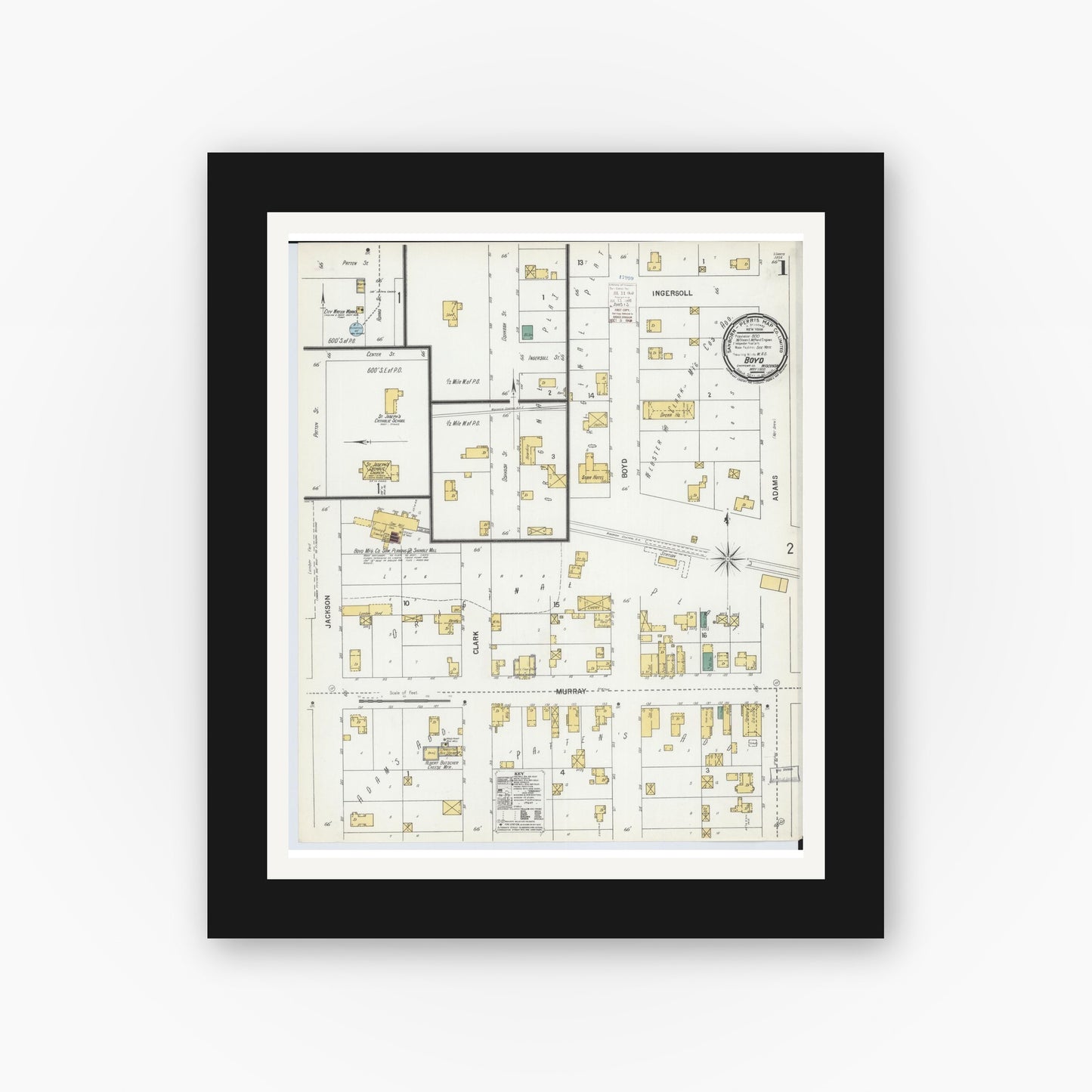 Old map wall art mockup — black gallery frame with white mat — Sanborn Fire Insurance Map from Boyd, Chippewa County, Wisconsin (1900) - Complete Map Set