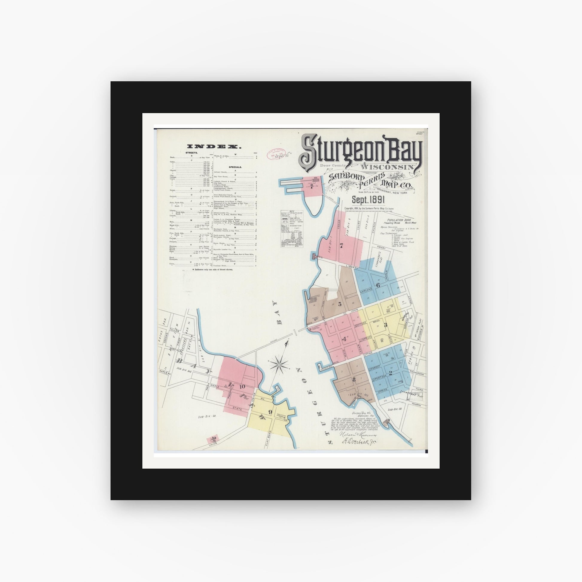 Old map wall art mockup — black gallery frame with white mat — Sanborn Fire Insurance Map from Sturgeon Bay, Door County, Wisconsin (1891) - Complete Map Set