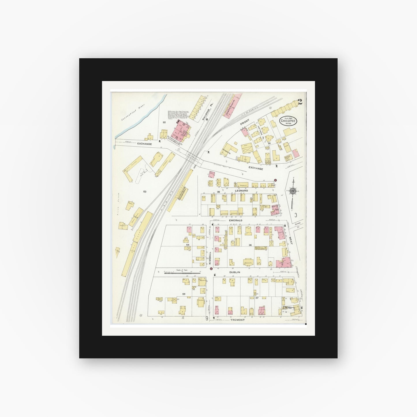 Old map wall art mockup — black gallery frame with white mat — Sanborn Fire Insurance Map from Chicopee, Hampden County, Massachusetts (1910), Sheet #0002